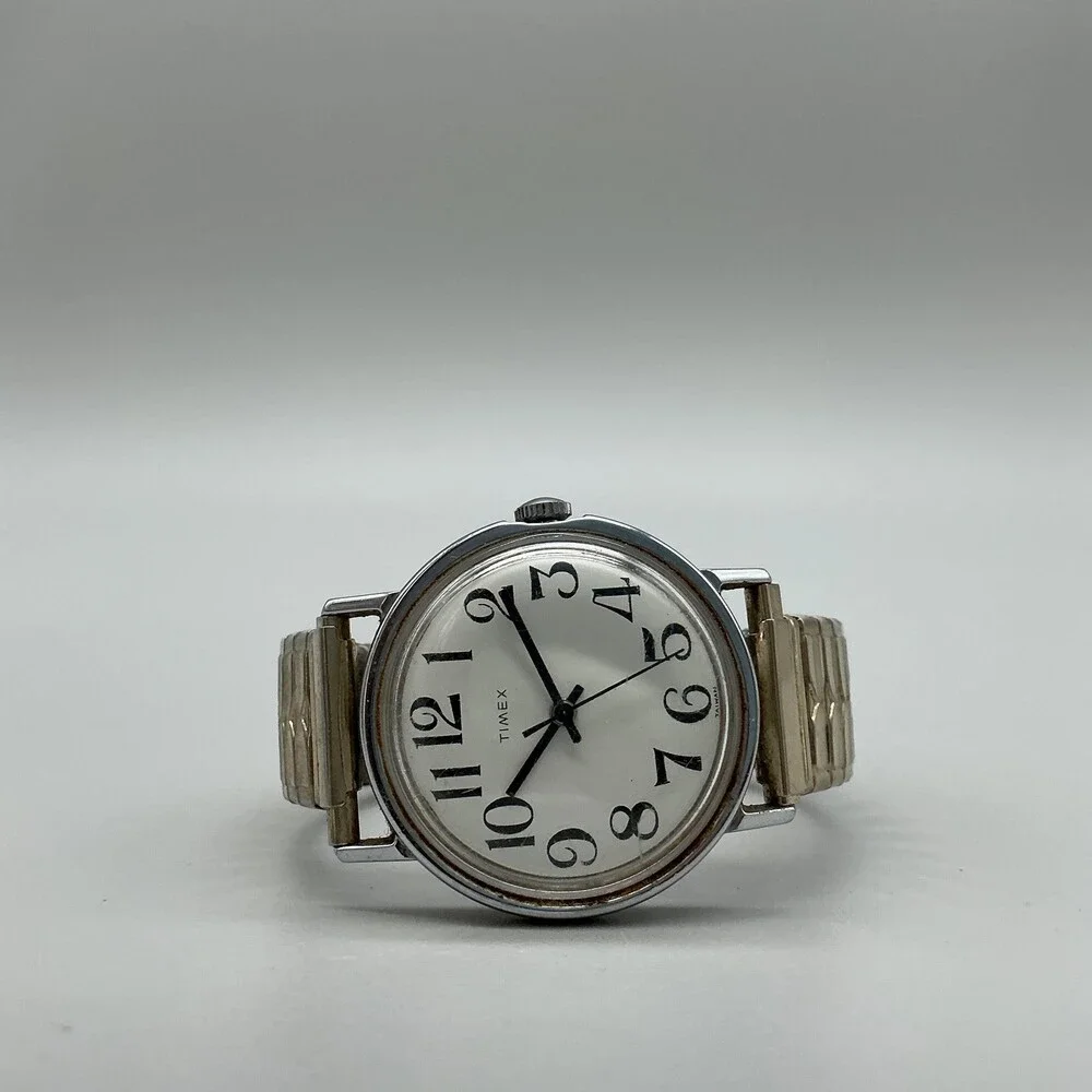 Vintage Timex Mens Watch 35mm White Dial Manual Wind Gold Expansion Bracelet